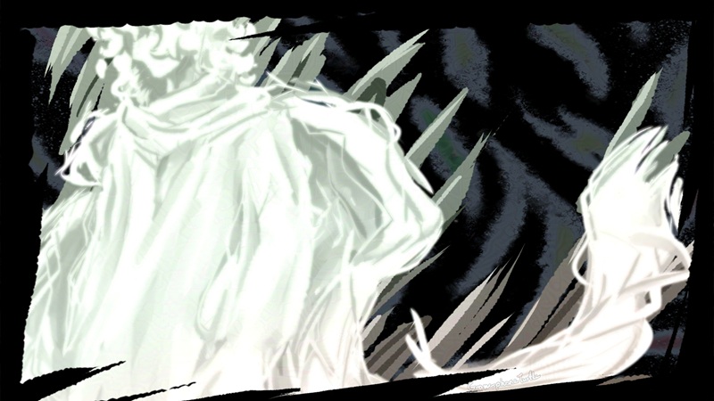 Digital art from my visual novel "Chronicles of a Professional Father" where Null is now alone, looking down and away from where the cloud was before, with the green/brown colour from their form faded